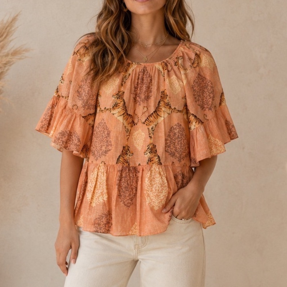 A Rare Bird Tiger Print Babydoll Top Peach Cotton Ruffle Sleeve Boho Blouse ww